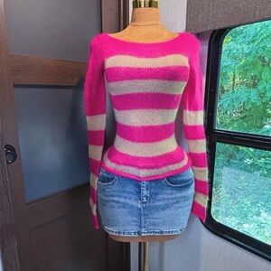 JUICY COUTURE Pink & Tan Striped Mohair Sweater Size Small